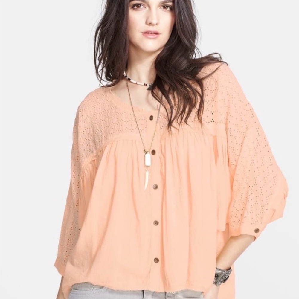 Free People Blush Two to Tango Eyelet Yoke Boho Top XS